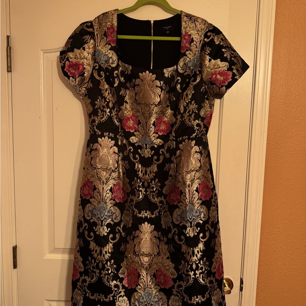 Tahari ASL Black Dress with Gold, Pink, and Blue Floral Design